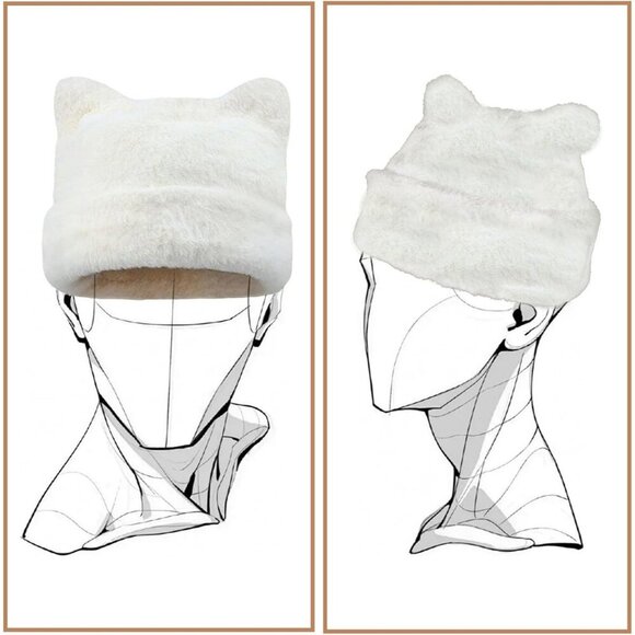 Women\'s Beige Winter Beanie Hat Cute Cat/Bear Ear Hat with Internal Support